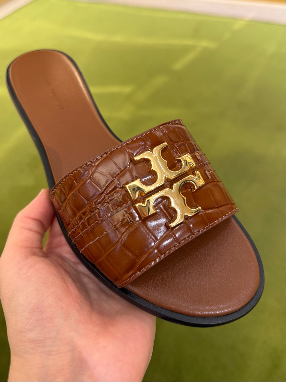 Tory Burch Everly‎ Slide Sandals Warm Amber Croc Embossed Leather Size 10